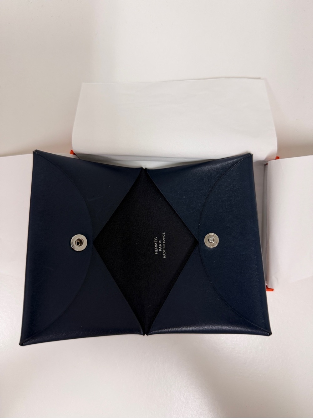 Hermes navy leather snap envelope card case